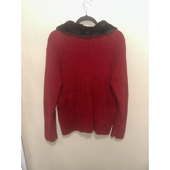 Marguerite's Burgundy Red Cardigan Sweater‎ Faux Fur Collar Zip Up - Picture 6 of 9